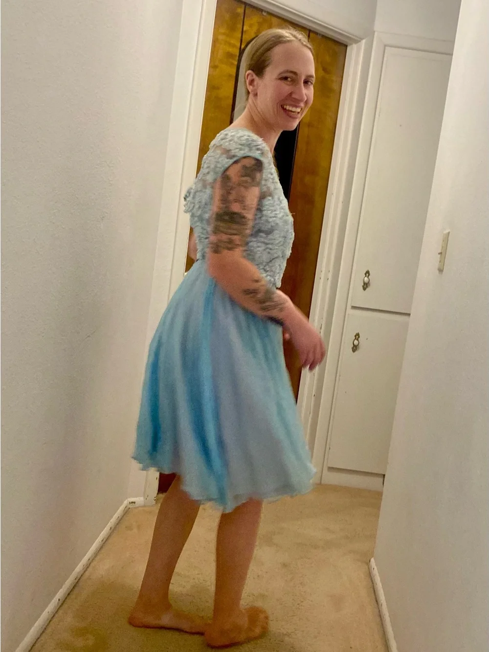 TRUE VINTAGE Miss ElliLight Blue Beaded Lace & Chiffon Fit-and-Flare Dress